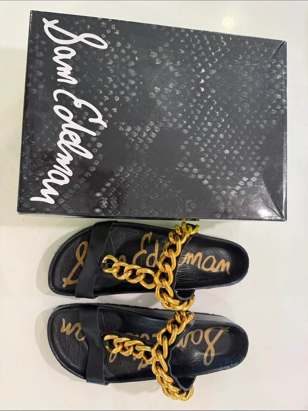 Sam Edelman Black Leather Slide Sandals with Gold Chain Trim - Picture 5 of 6